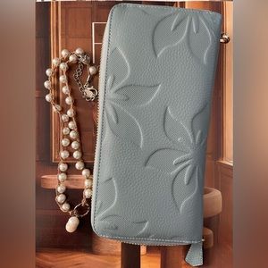 Pale Blue Leather Patterned Wallet Wristlet